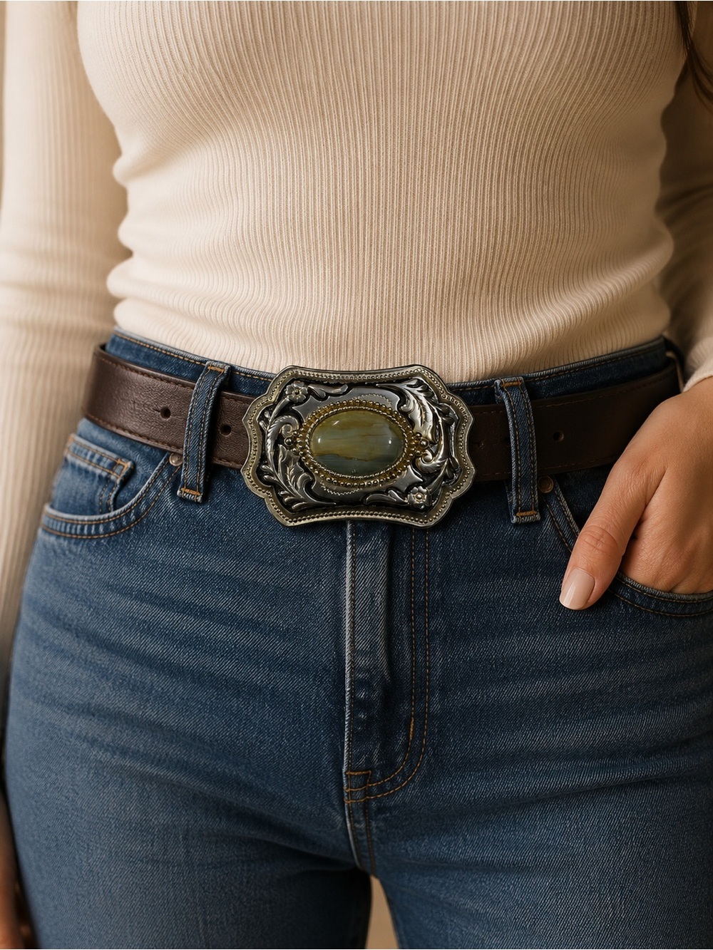 Western Silver and Gold Tone with Oval Stone Engraved Scrollwork Belt Buckle*